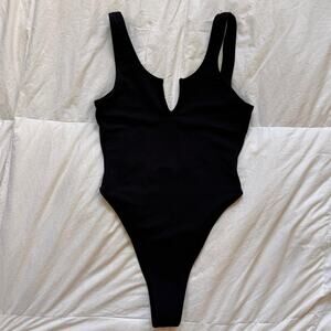 nasty gal Black one piece swimsuit sz 10 high leg scoop neck minamalist goth